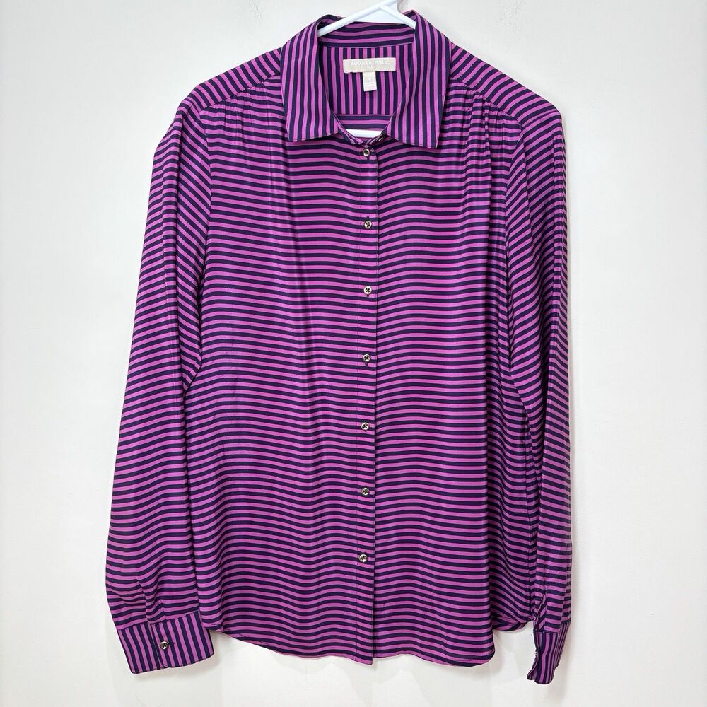 Banana Republic 100% Silk Blouse Women M Pink Navy Striped Shirt Office Timeless